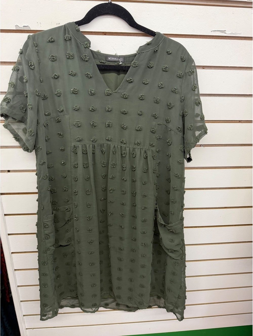 Miholl Olive Green Textured Swiss Dot Short Sleeve Babydoll Dress